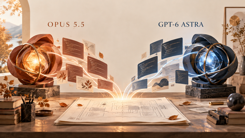 Opus 5.5とGPT-6 Astraを、同じ設計図に向かう2つの演算コアとして描いた比較イメージ