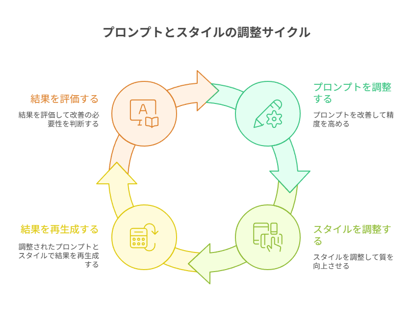 AI生成後にプレビューを見ながらプロンプトやスタイルを調整する手順を説明。