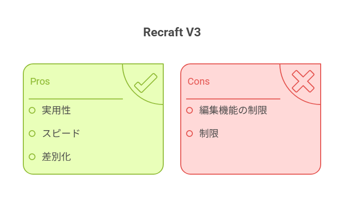 操作性や生成精度などの長所と、編集機能や制限などの短所を整理。