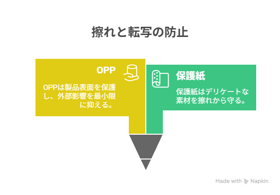 内装はOPP＋保護紙、補強は台紙サンド/ケース、外装は防水袋＋封筒で設計する。