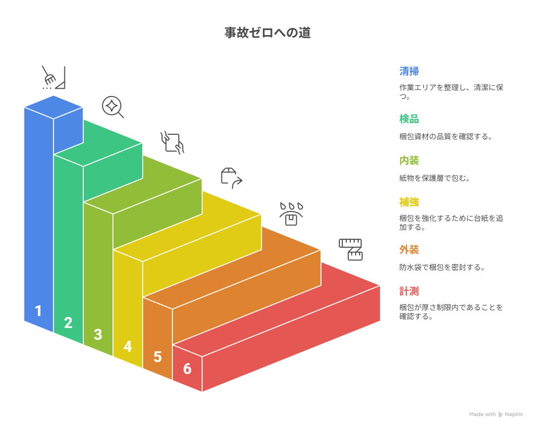 清掃→検品→内装→補強→外装→計測を固定し、角/防水/ラベルを最後に確認する。