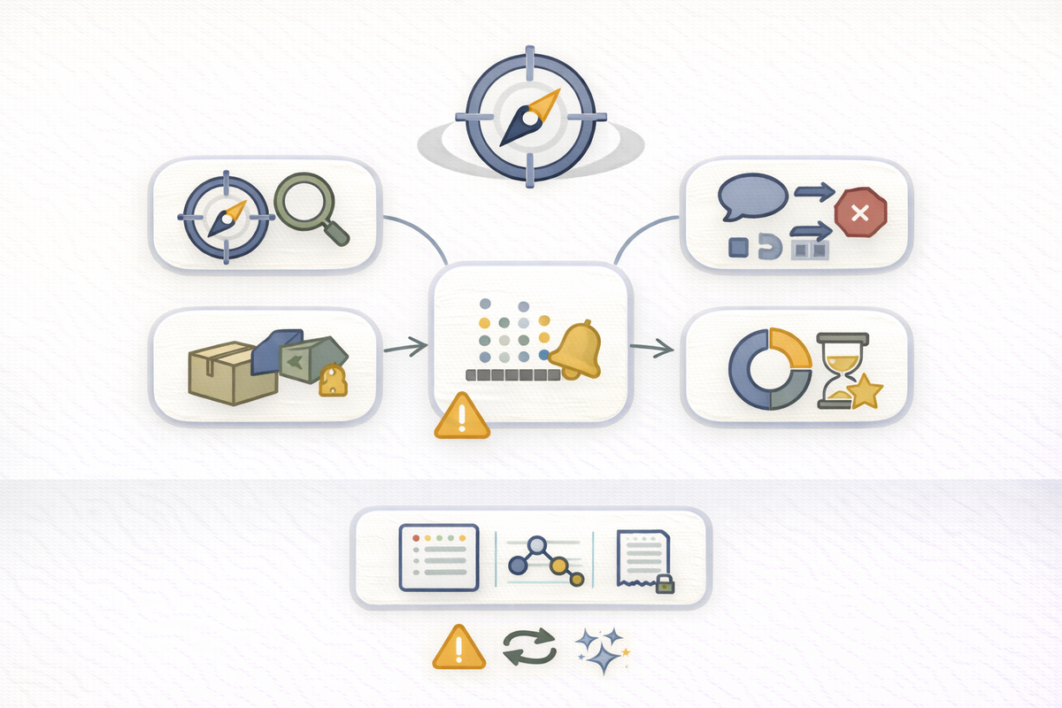 抄録から本文へ自然に誘導する導線設計の全体像を示す図。理由提示・リンクの意味付け・バランス調整の要点が分かるアイコンダッシュボード。