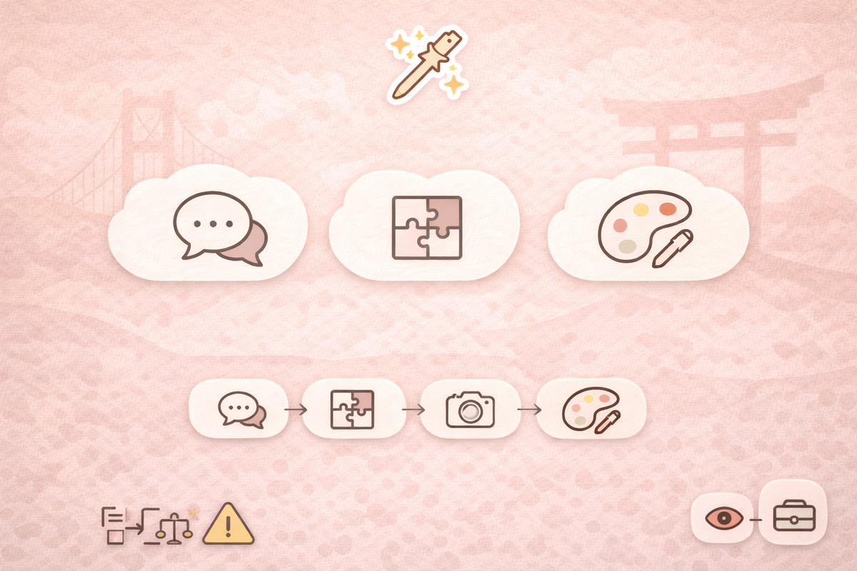 ChatGPT画像生成が会話で進化した理由を図解。自然言語の指示から意図を補完し、構図とトーンを組み立てて出力する流れを示す。