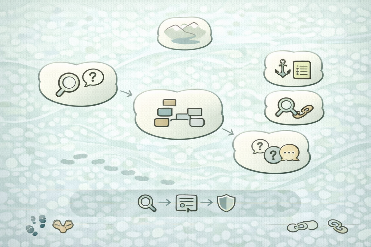 SEO構造を最短で実装する流れの図。検索意図整理→見出し設計→FAQ追加に加え、関連記事位置固定と導線距離短縮の点検を示す。