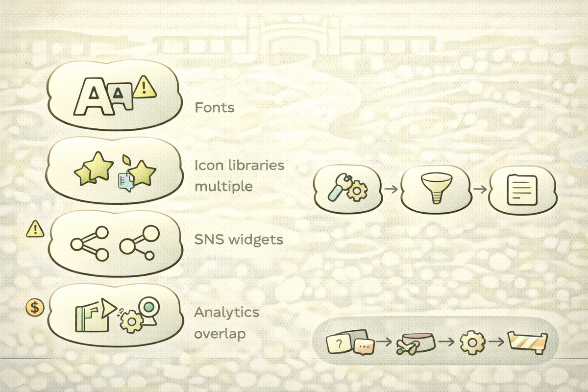 外部スクリプト重複の典型4種(Fonts/Icons/SNS/解析)と、DevToolsでJS一覧化して棚卸しする手順を示す図。
