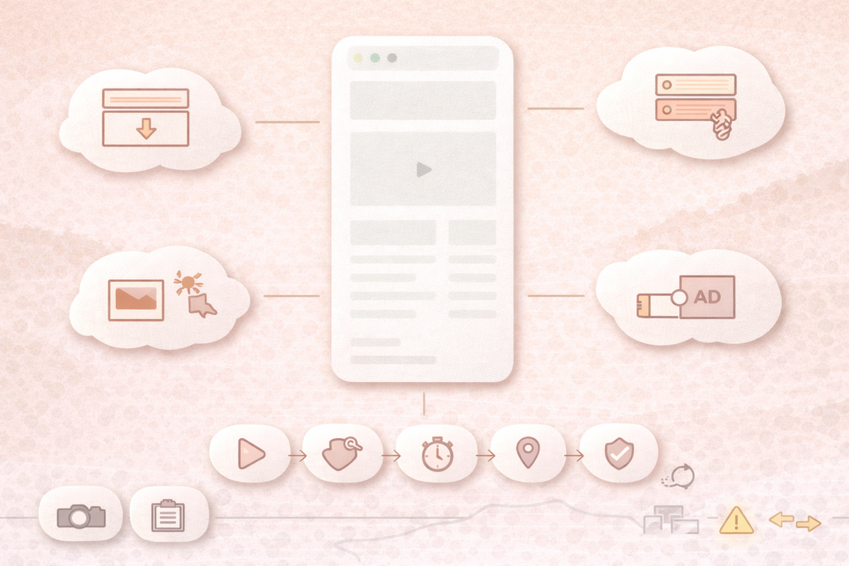 CLSが起きやすい発生帯を示す図。ファーストビュー直下、目次開閉、lazy画像直後、記事中広告の4パターンを位置で把握できる。