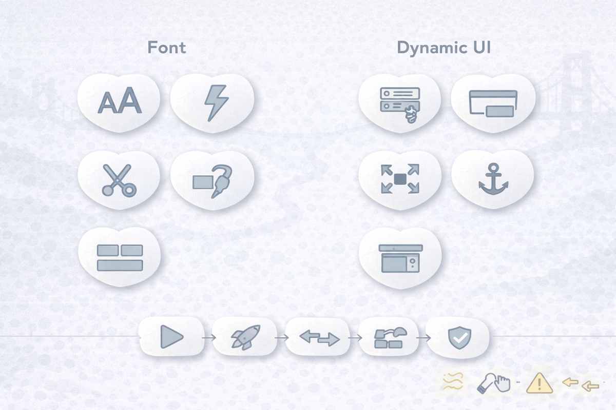 フォントと動的UIのCLS対策を統合した図。font-displayの切替方針や高速化、固定オーバーレイとtransform中心の開閉で押し下げを防ぐ。