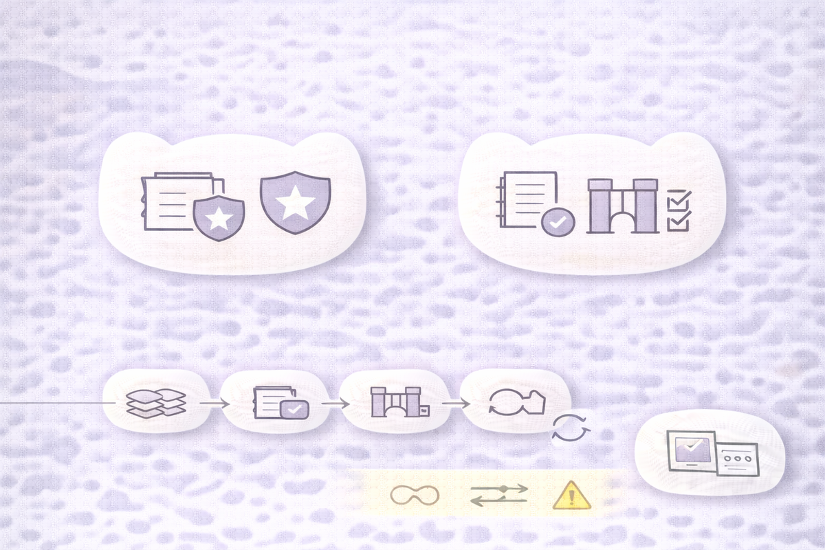 AIクローラー方針を公開用と内部用に分けて文書化する図。例外申請、見直しサイクル、改定トリガを一体で管理し、判断ブレを防ぐ流れを示す。