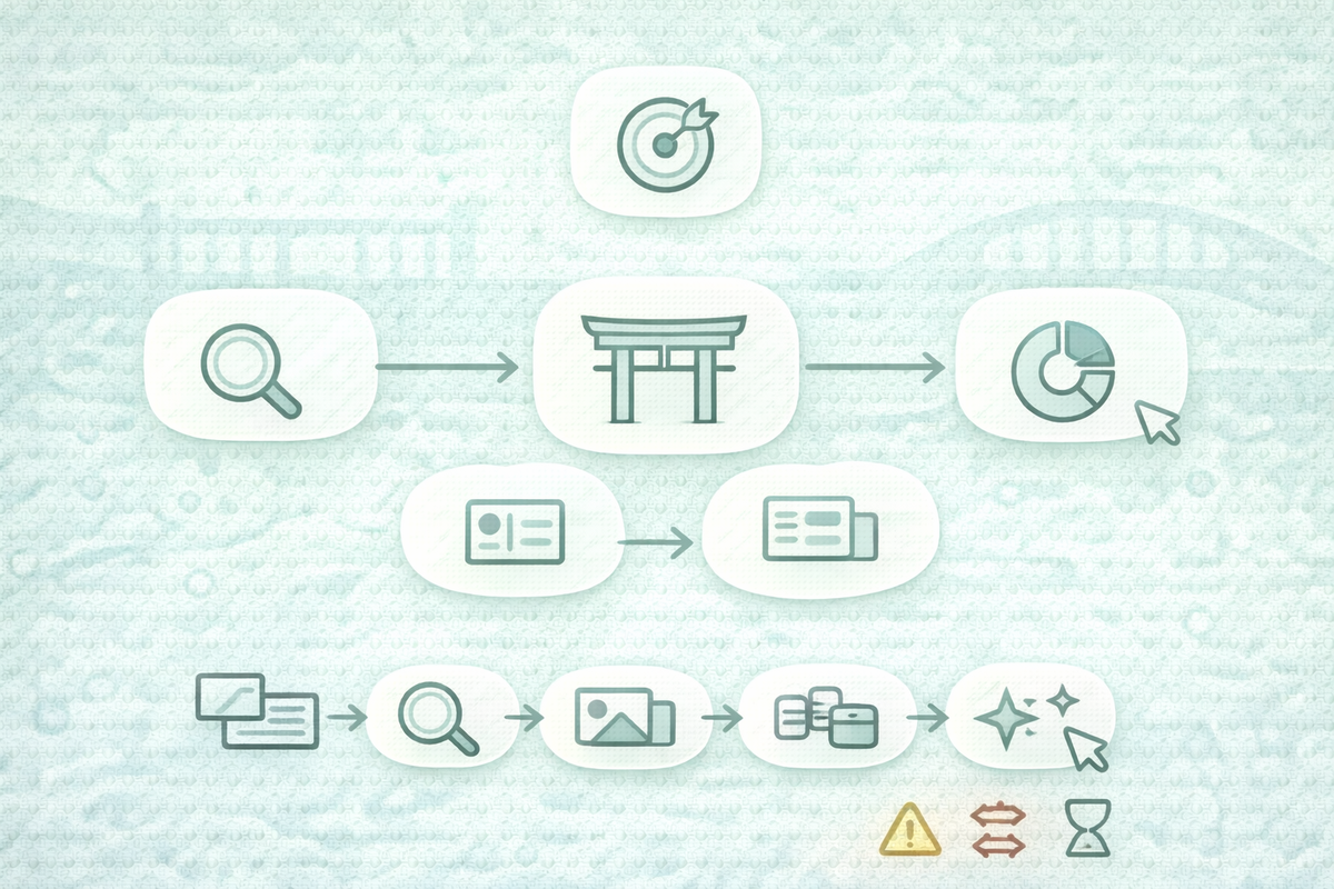 枠逆算の考え方を俯瞰した図。ユーザー意図からSERP枠を選び、情報の形を合わせてCTR改善へつなぐ流れを整理。
