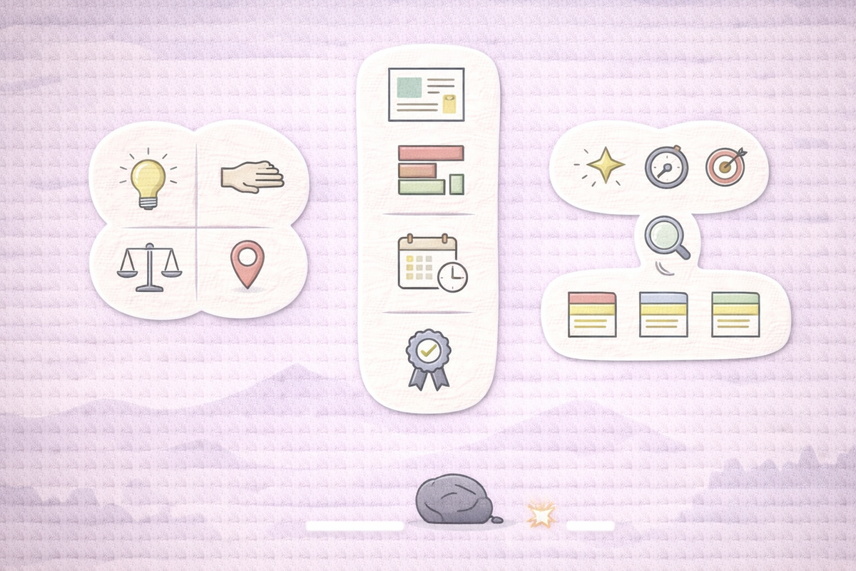 Create a clean minimalist icon-only dashboard illustration, 16:9 landscape.  ABSOLUTELY NO TEXT: no letters, no numbers, no Japanese, no labels, no UI text, no placeholders, no watermarks, no logos. No text-like glyphs. No ruled lines. Avoid repeated thin horizontal lines. Avoid input-field-like boxes.  Style: flat vector, consistent stroke, lots of whitespace.  Background: lavender with light paper grain texture. Add a very subtle layered-strata motif behind.  Layout: Left: a 2x2 quadrant made of heart-shaped cards, icons only: - lightbulb (know) - hand (do) - scales (compare) - map-pin (local)  Center: a vertical strip of SERP signals (icons only): - summary card icon - comparison bars icon - calendar/clock icon - official badge-check icon  Right: a “3 plus 3” matching panel: - top row: three small question-mark-like icons replaced by neutral symbols (spark, compass, target) to avoid text - bottom row: three section-block icons (stacked blocks) indicating opening headings Between them: a magnifier icon to imply matching check.  Add small warning icon: cracked link between two icons to indicate mismatch.
