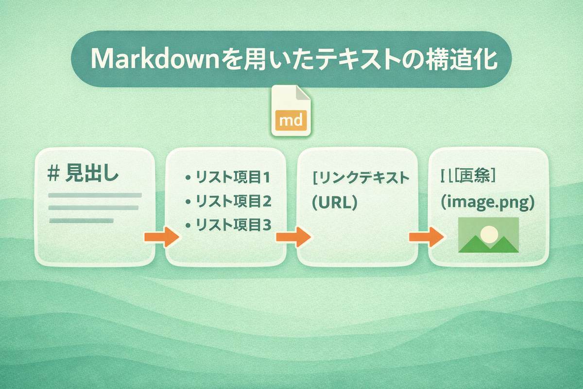 Markdownが得意な要素を整理した図。見出し、箇条書き、強調、コードのように役割が明確な要素を構造化しやすいことが伝わる挿絵。