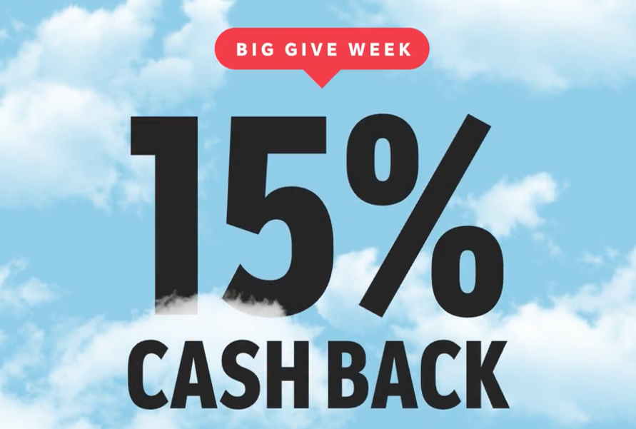 RakutenのBIG GIVE WEEKキャンペーンのスクリーンショット。最大15％のキャッシュバック還元率が表示されており、急ぎでなければ還元率の高いキャンペーンを待つ方法を説明している