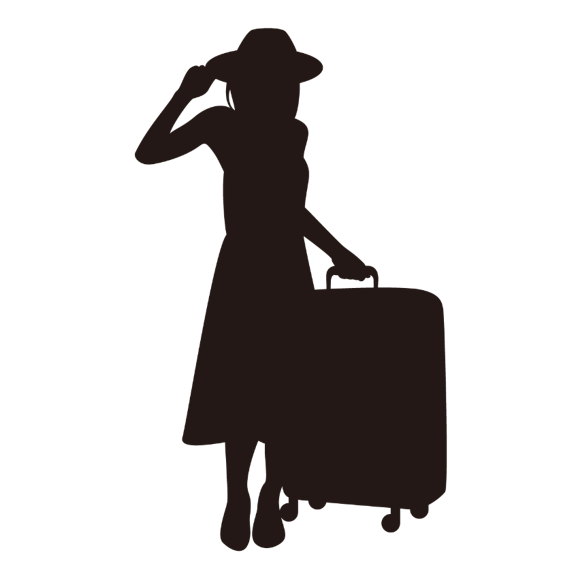 旅行用キャリーケースを引く女性のシルエット。RakutenではExpediaやAgoda、Airalo、Lyftなど旅行関連サービスでもキャッシュバックを受けられることを説明するイラスト