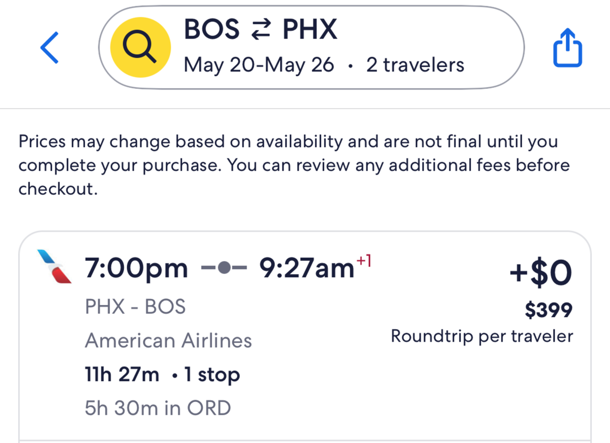Expediaのフライト購入画面のスクリーンショット。Rakutenを経由した後は、通常どおり航空券を購入する流れを示している