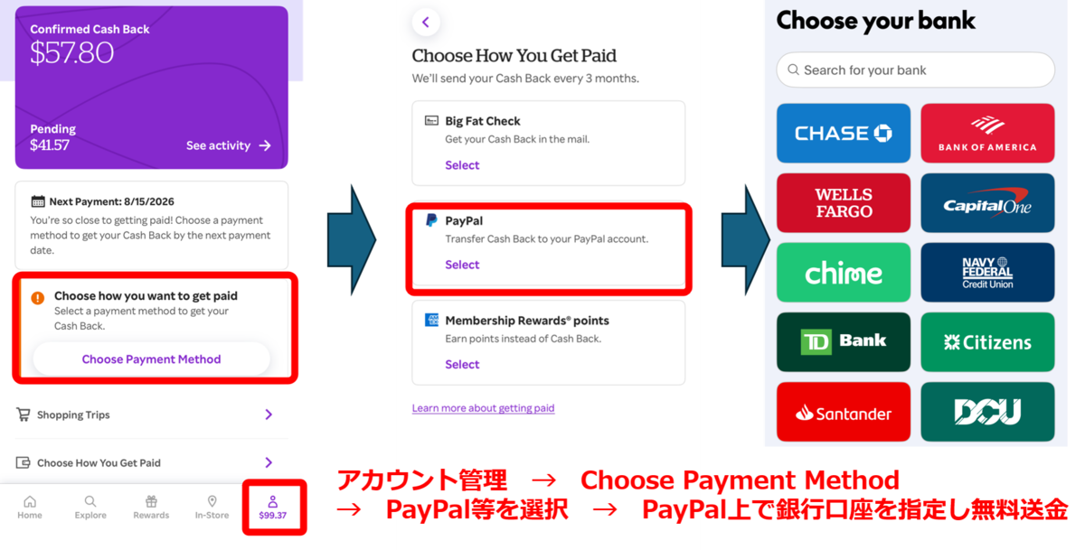 Rakutenアプリで獲得したキャッシュバックの支払い方法を設定する画面のスクリーンショット。CheckやPayPalなどの支払い方法を選択し、PayPalを利用してアメリカの銀行口座へ送金する手順を示している