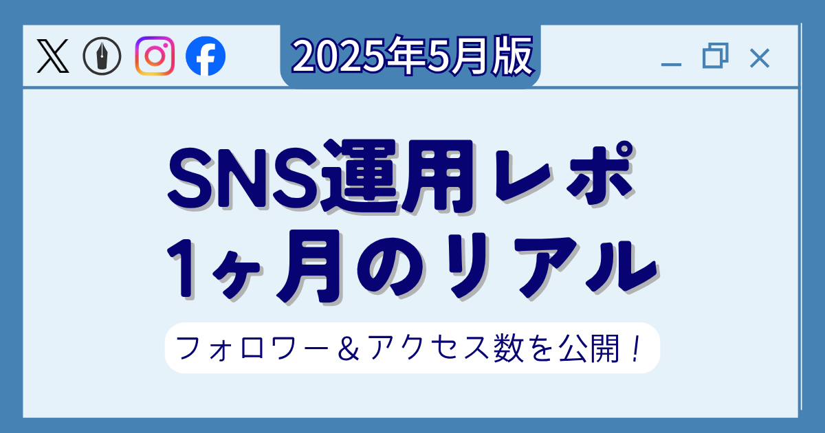 2025年5月のSNS運用レポートを示すアイキャッチ画像。ブラウザのウィンドウデザインの中に、Instagram、X、Facebookのアイコンと、『SNS運用レポ 1ヶ月のリアル フォロワー＆アクセス数を公開！』というテキストが表示されている。