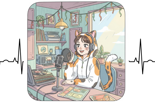 ヘッドホンをつけ、マイクに向かって話す女性が描かれたイラスト。猫の耳としっぽがついたフード付きの服を着ており、部屋にはレコードプレーヤーや観葉植物があり、温かい雰囲気でラジオ配信をしている様子。