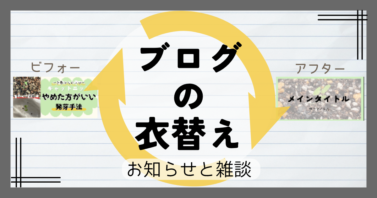ブログのアイキャッチ画像変更をテーマにしたアイキャッチ画像。ノートの罫線模様の背景に、中央に大きな黄色いサイクル矢印が配置され、『ブログの衣替え』という文字が大きく書かれている。矢印の左には『ビフォー』として古いアイキャッチのサムネイル、右には『アフター』として新しいアイキャッチのサムネイルが表示されており、下には『お知らせと雑談』というサブタイトルがある。