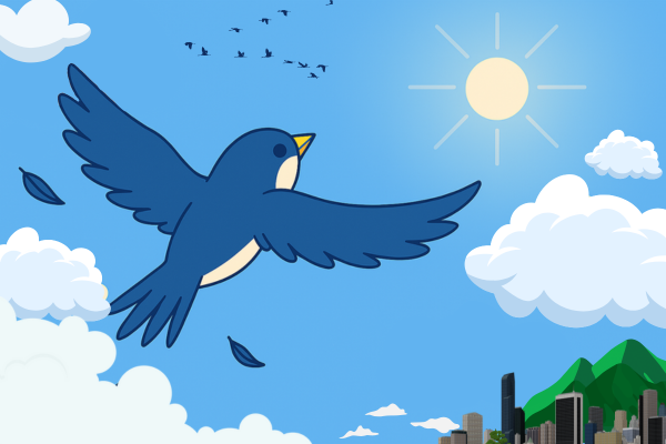 青い鳥が広々とした青空を自由に飛んでいる。周りには白い雲と、遠くには街並みや山が見える。解放感、自由、空、鳥、飛行。