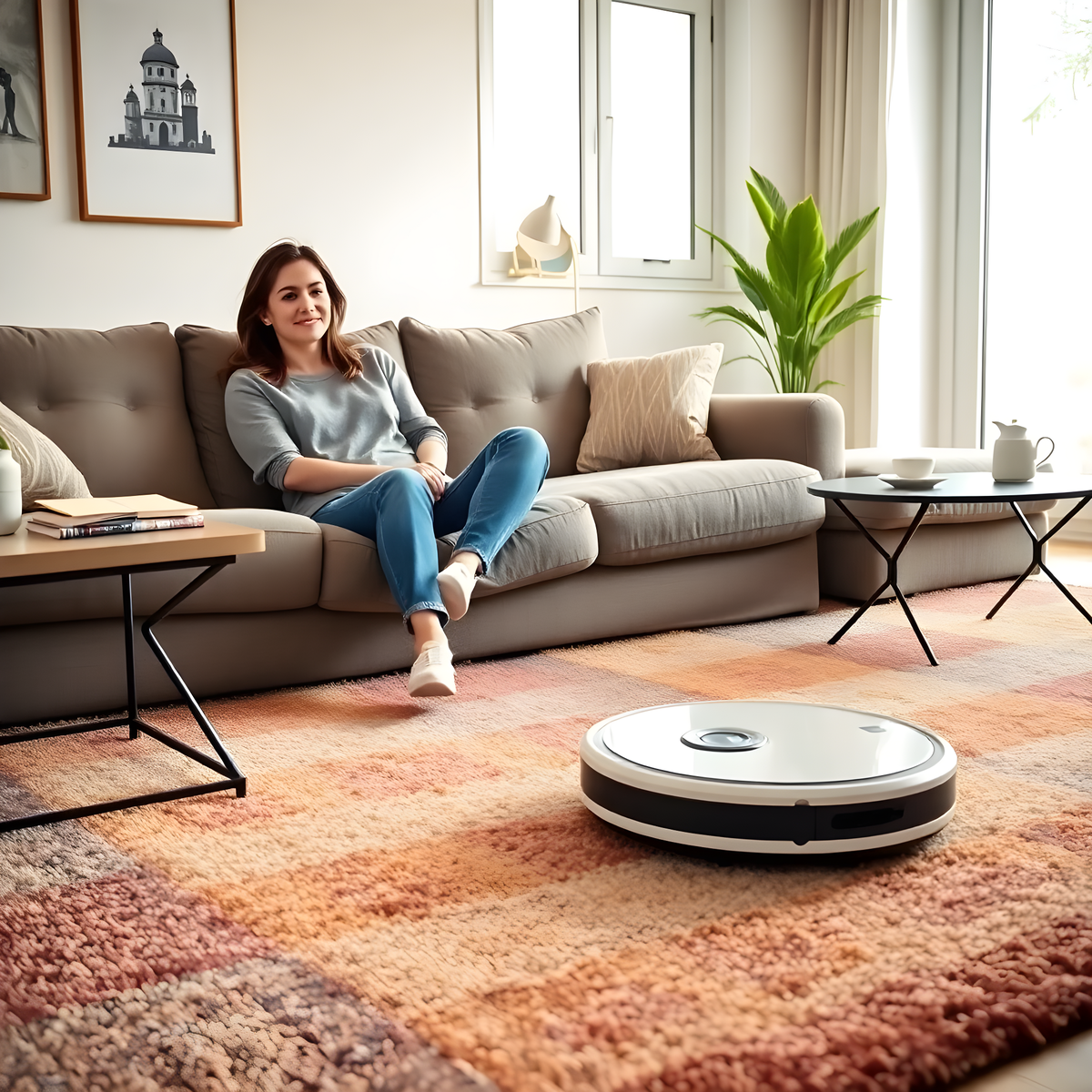 alt="ロボット掃除機と女性"
