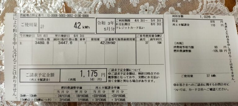 沖縄電力5月請求分電気代1175円42KWｈ