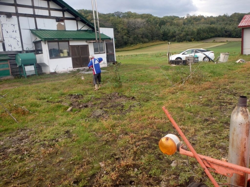 坂道の花畑と従弟の菜園のロータリー掛け - 北海道十勝の山里で山遊び