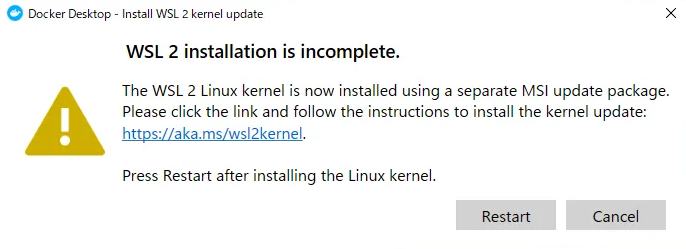 f:id:Mikaner:20200707161022p:plain WSL2 がないと警告を出している Docker Desktop の図