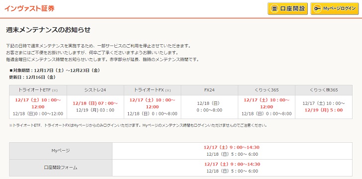 インヴァスト証券の「週末メンテナンスのお知らせ」