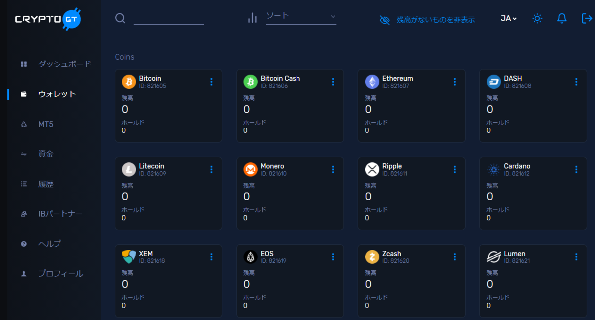 CryptoGTのウォレット画面 全部0