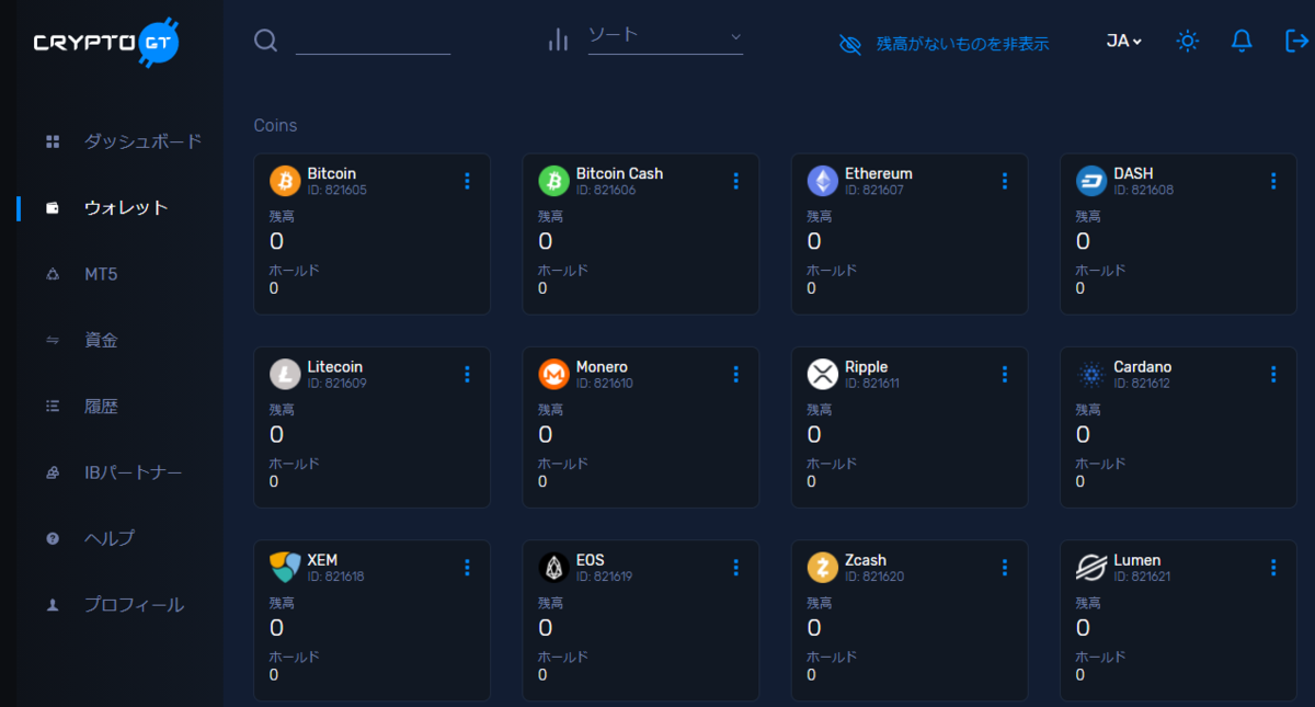 CryptoGTのウォレット画面　全部０