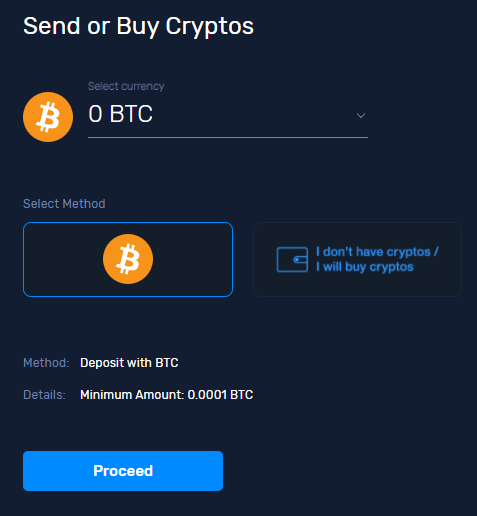 CryptoGTの英語表示。「Send or Buy Cryptos」で「Proceed」ボタンですね!