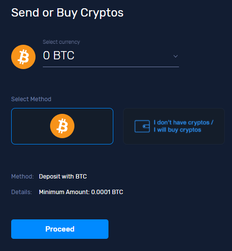 CryptoGTの英語表示。「Send or Buy Cryptos」で「Proceed」ボタンですね！