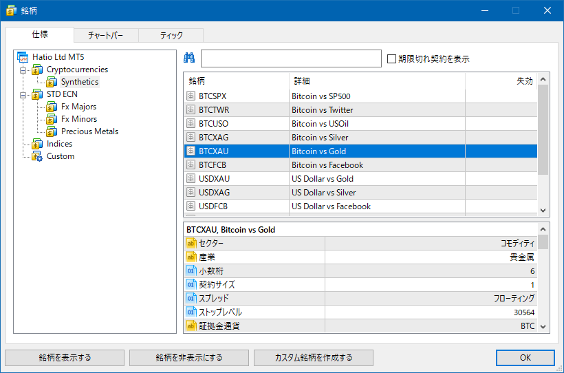 なしてETHJPYがないんだろう・・・。仕方なくBTCXAUを選択。