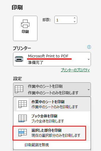 「設定」のプルダウンメニューから「選択した部分を印刷」を選択する