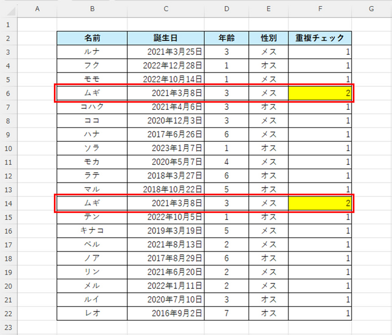 COUNTIF関数の結果の表示
