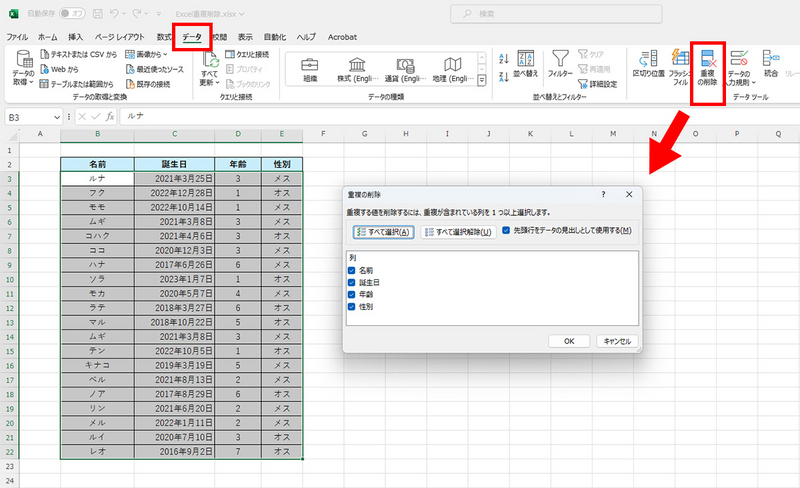 重複の削除ダイアログボックスを表示
