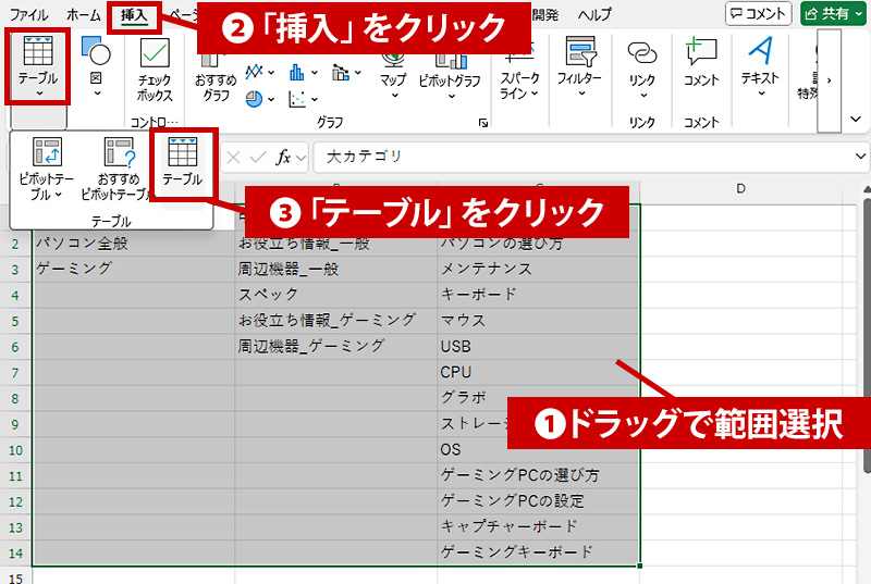 テーブルを作成する