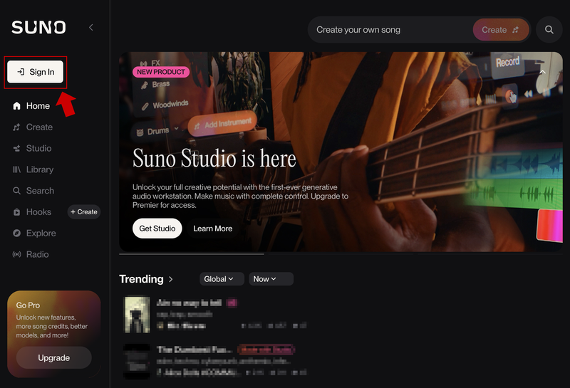 Sunoサイトにアクセス