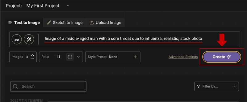 作りたい画像のプロンプトを英語で入力して［Create］