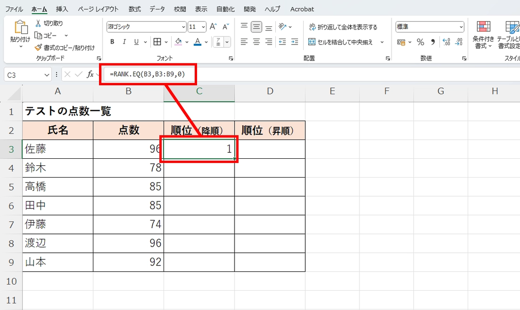 降順で佐藤さんの順位を求める例