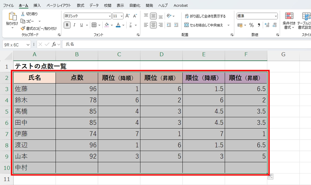 テーブル化1:範囲を選択して「Ctrl」キー+「T」キーを押す