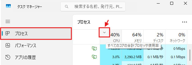 CPUを使用率の高い順に並び替える