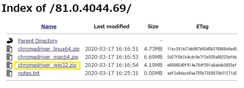 「chromedriver_win32.zip」ファイルのダウンロード