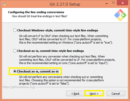 f:id:MrRadiology:20200714073822p:plain 「Checkout as-is, commit as-is」を選択