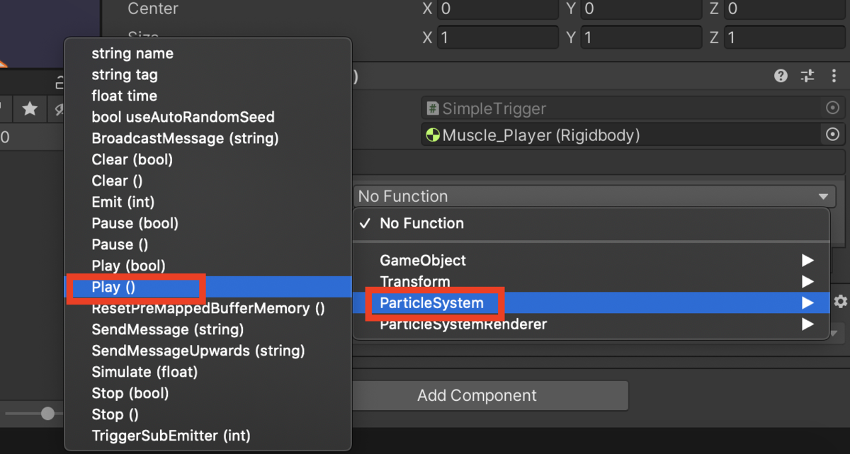 「ParticleSystem」&gt;「Play()」を選択