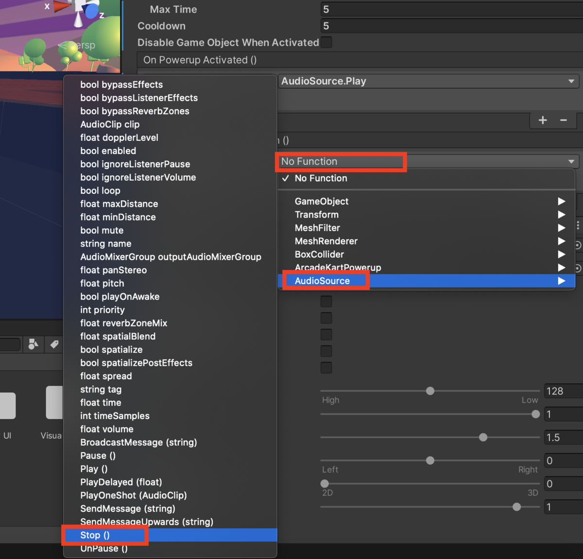 「Audio Source」の「stop()」を選択