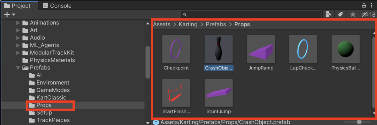 Assets &gt;  Karting &gt; Prefabs &gt; Props