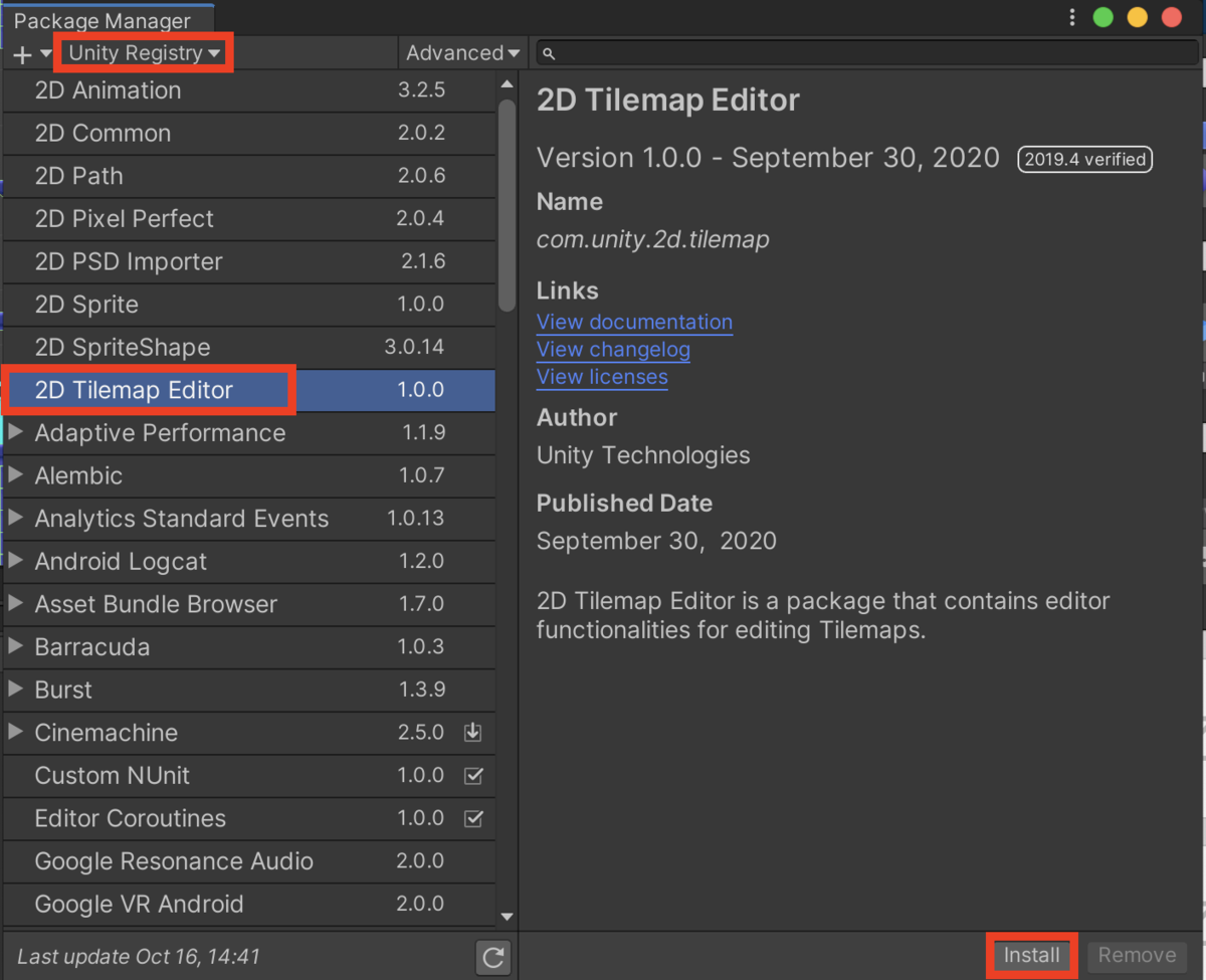 f:id:MrRadiology:20201018122846p:plain 「2DTilemapEditor」を選択してインストール