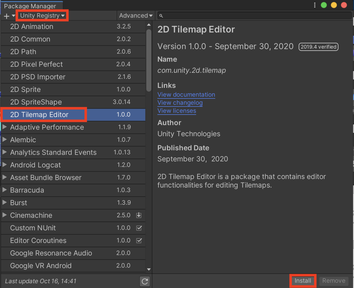 「2DTilemapEditor」を選択してインストール