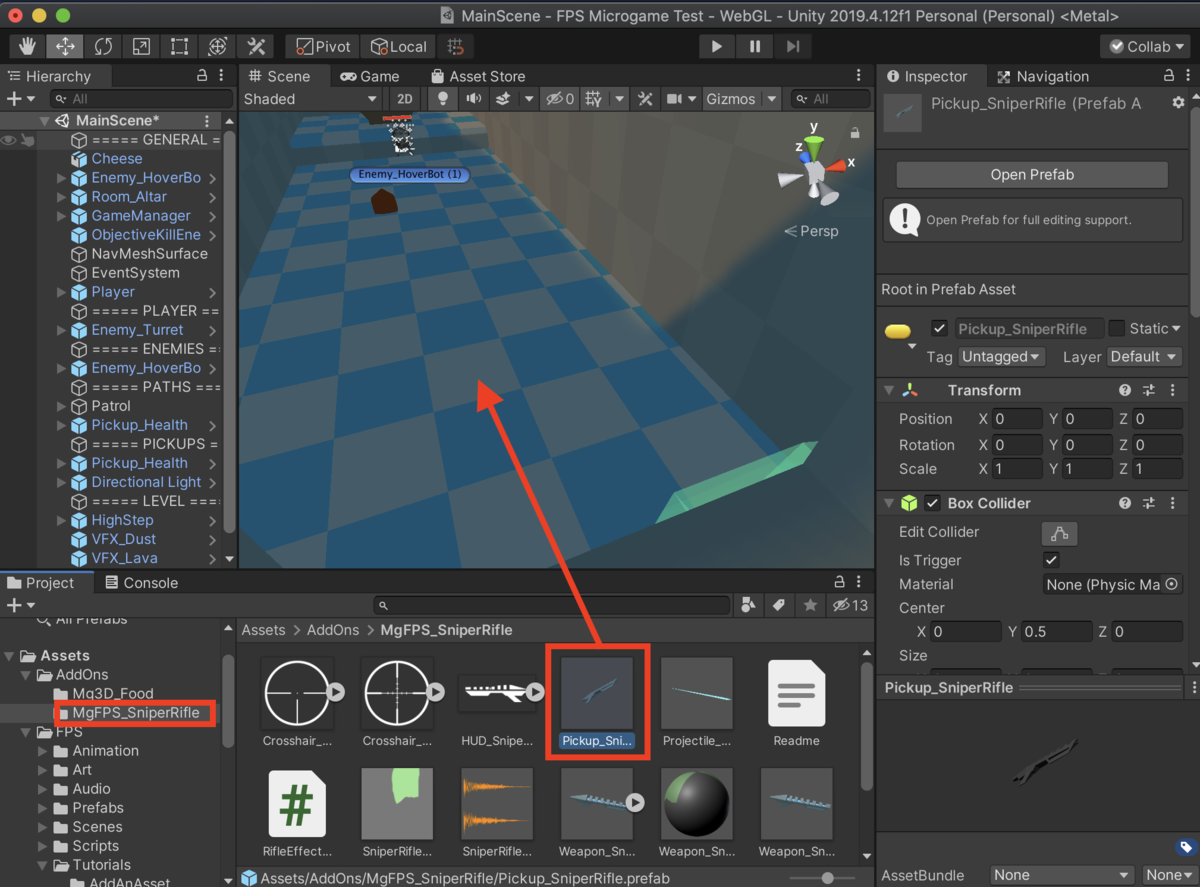 f:id:MrRadiology:20201021070541p:plain 「Pickup_SniperRifle」をシーンにドラッグアンドドロップ